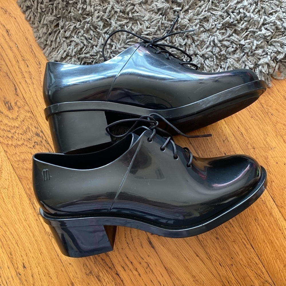 Melissa Black Rubber Stacked Block Heel Oxford Jelly Shoes Size 6